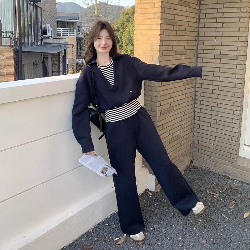 韩系藏青色时尚条纹休闲卫衣2025秋季新款高级阔腿裤遮肉两件套装|undefined