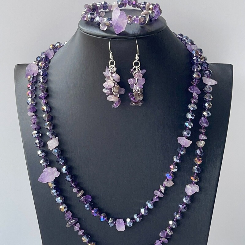 Cross-border European and American fashion natural amethyst long necklace suit knot three-piece gift jewelry crystal