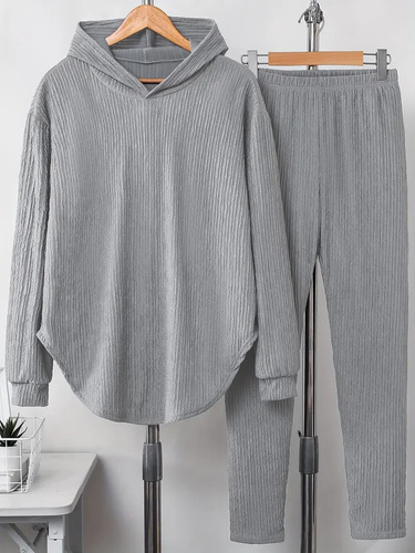 European and American Autumn/Winter Fashionable Casual Suit for Women: Solid-Color Homewear—Long-Sleeved Hoodie with Hat and Long Pants, Two-Piece Set