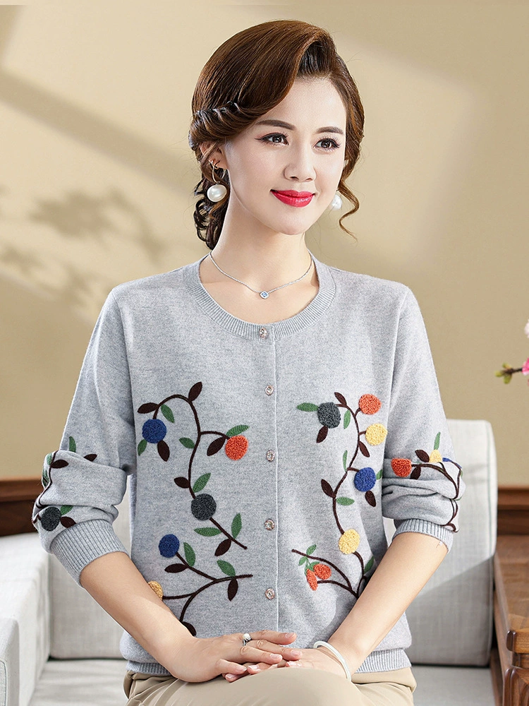 Mother Woolen Cardigan - Spring/Autumn Knit with Floral Embroidery, Sizes M-5XL, Camel/Red/Gray