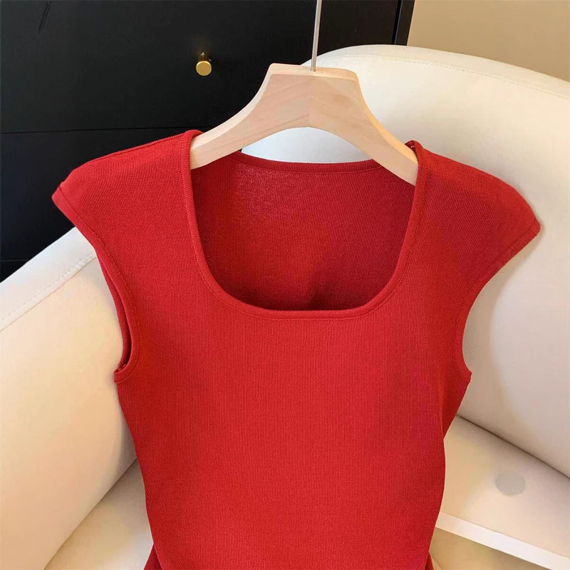ファッショナブルなスクエアネックの小さなフライングスリーブTシャツ、女性用夏スリムフィットバックストラップ付きボウノット半袖トップ|undefined
