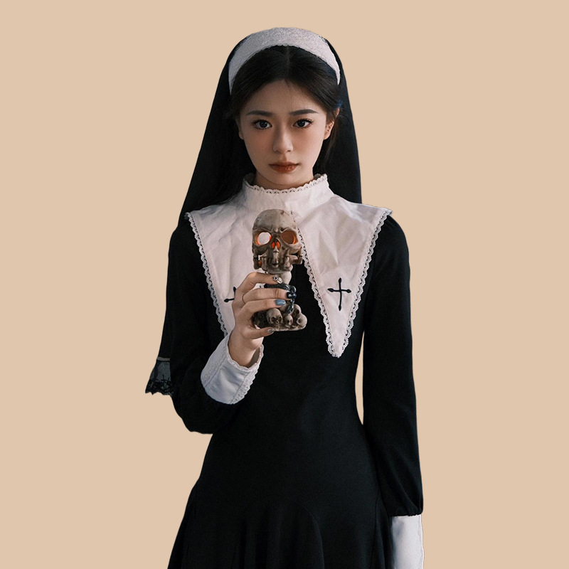 Evil Nun! Halloween Cos Costume Contrast Style Blackened Gothic Dark Style Horror Dress for Adult Women