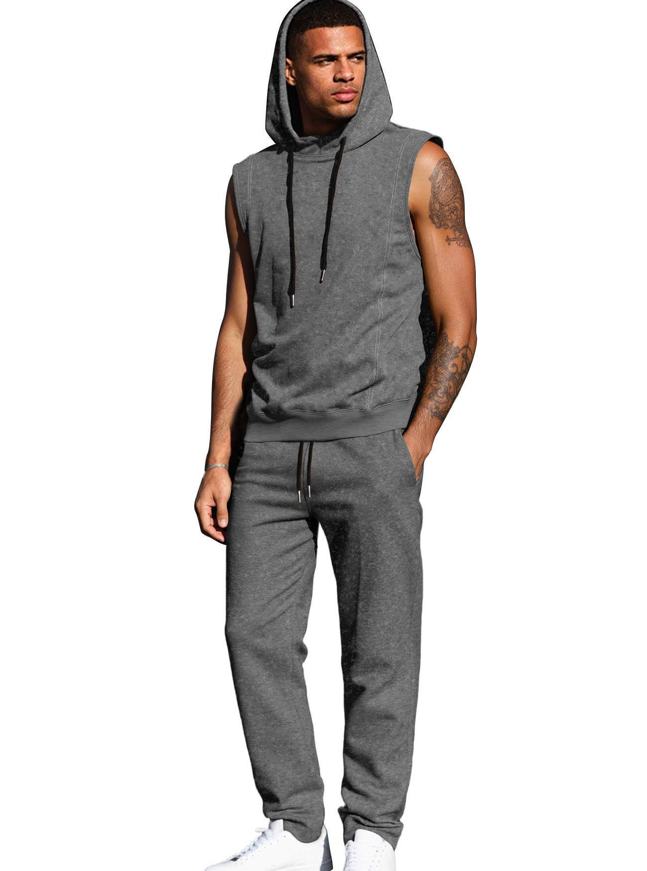 Nuevo transfronterizo Europa y América Amazon nuevo hacer vieja tendencia callejera pantalones deportivos casuales con capuz para hombres sin mangas suéter