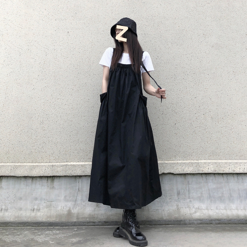 夏季新款赫本风背带连衣裙女学生宽松百搭显瘦中长款吊带裙两件套|undefined