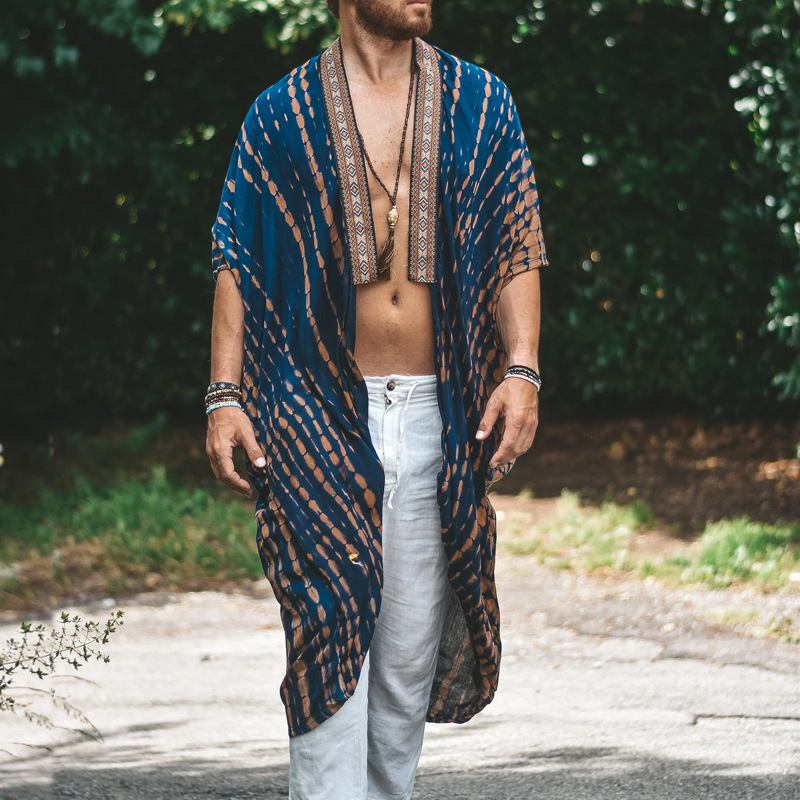 Collarless Neckline Comfort Function Men's Color Block Vacation Cover Ups
