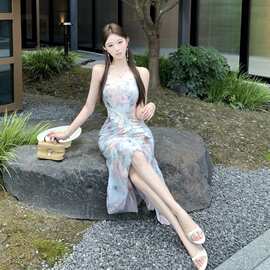 5167跨境辣妹碎花雪纺吊带连衣裙中长款度假裙
