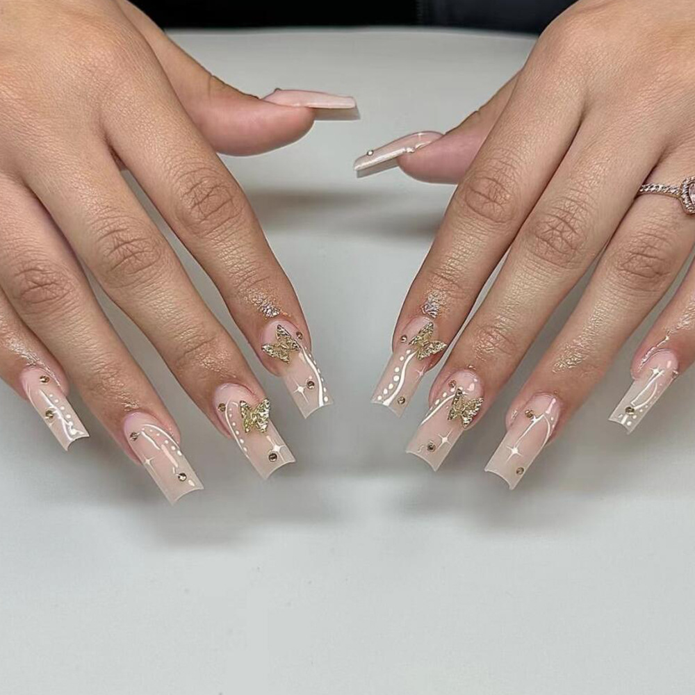 Europa y América De Oro suave mariposa uñas pieza de belleza acabado desmontable elegante luz de lujo falso uñas parche desgaste uñas