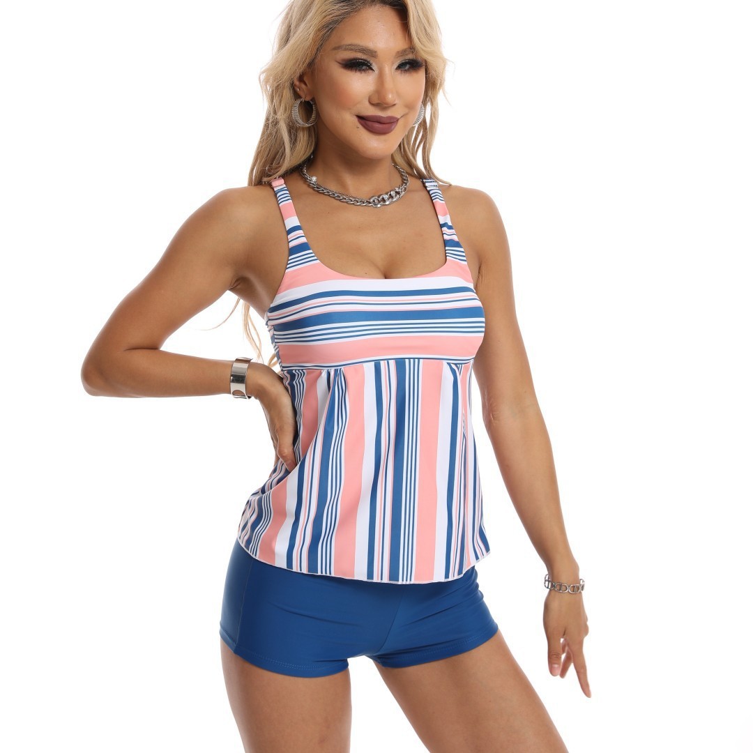 Ensemble bikini de maillot de bain une pièce pour femme, haut rayé à col montant et bas à jupe, tailles S à 5XL, bleu et rose, protection solaire UPF 50+_voghion.com