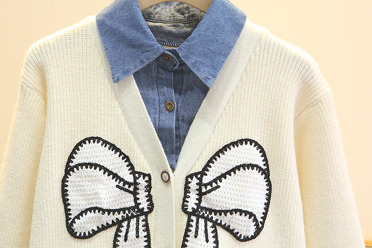 Cárdigan de dos piezas falso bordado de estilo francés para mujer de talla grande, diseño patchwork de mezclilla con lazo, prenda exterior de moda de otoño_voghion.com