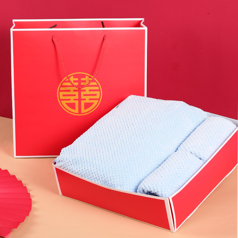 Boda boda Toalla de baño toalla caja de regalo piña Plaid rojo toalla festiva boda retorno regalo caja