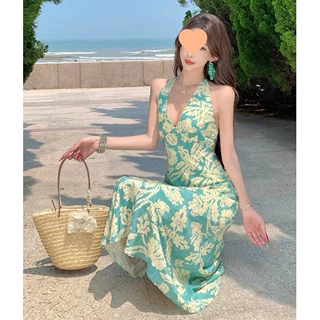 绝美海滩裙海边度假法式无袖挂脖收腰蓝色印花v领连衣裙露背长裙
