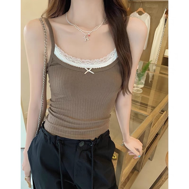 夏の新しい偽ツーピースレースキャミソール女性用胸パッド付きホットガール純粋な欲望スリムフィットインナーレースチューブトップ|undefined