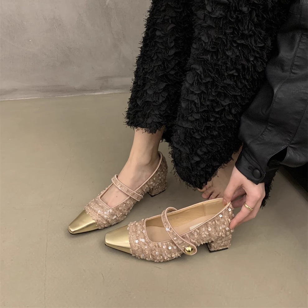 Chanel estilo tacones altos primavera y otoño tacón grueso noche lentejuelas zapatos de una sola capa zapatos de mujer estilo francés vestido negro Mary Jane zapatos