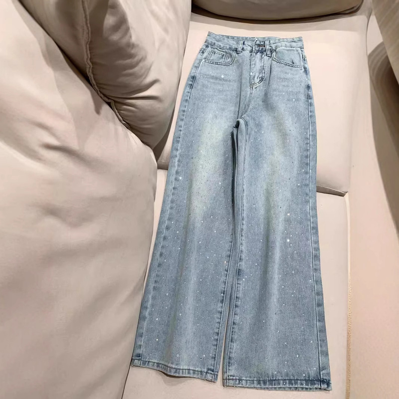 Hot Drilling Design Sense Wide Leg Jeans Women's 2025 Summer New High Waist Loose Slimming Heavy-duty Straight Leg Pants Hot Drilling Design Sense Wide Leg Jeans Women's 2025 Summer New High Waist Loose Slimming Heavy-duty Straight Leg Pants