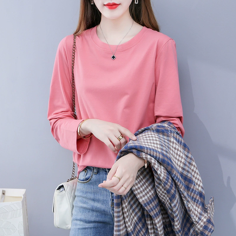 Новая хлопковая весенняя и осенняя рубашка с круглым вырезом женская футболка с длинными рукавами 2024 повседневная свободная внутренняя рубашка