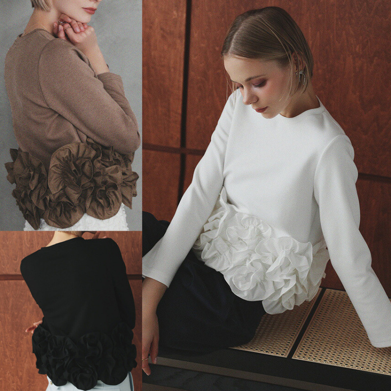 Japanese Rakuten Foreign Trade Floral Appliqué Ruffle Long-Sleeve Sweatshirt Solid Color Slim Top for Women Cross-Border Export