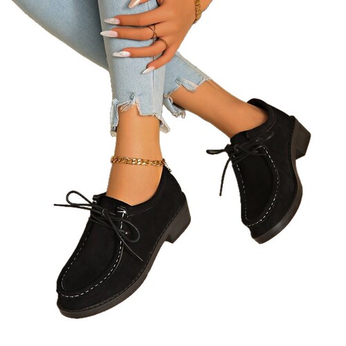 Women's Platform Round-Toe Lace-Up Loafers, 2025 Autumn New Arrival, European and American Style, Plus Size, Casual Shoes—In Stock, Wholesale