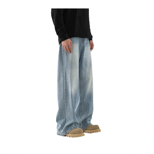 Cross-border new men and women unisex four-season items, retro Hong Kong style, worn-out loose wide-leg floor-length jeans wholesale