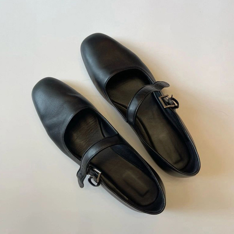 Cowhide version of English leather soft-soled one-line buckle flat single shoes women's small black leather shoes French Mary Jane ladle shoes