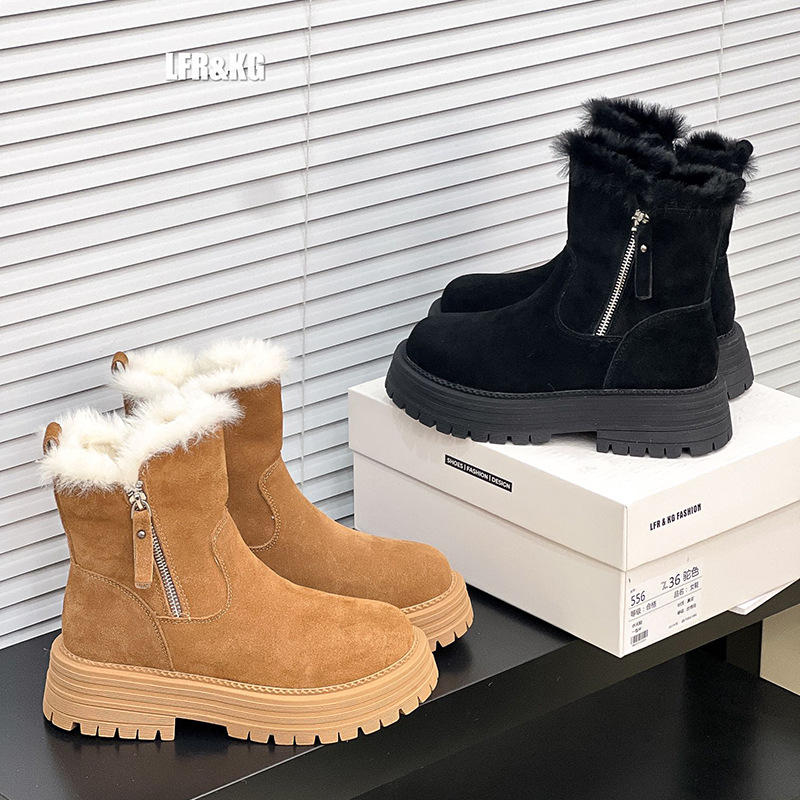 여성용 스노우 부츠 2024 겨울 사이드 지퍼 두꺼운 밑창 굽 높이 증가 보온 마틴 부츠 방한 플러스 벨벳 경량 미끄럼 방지