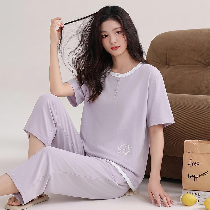 2026 New Women's Pure Cotton Pajamas, Summer Thin Short-Sleeve, Three-Quarter Pants, Simple Solid Color, Plus Size, Can Be Worn Outside as Homewear