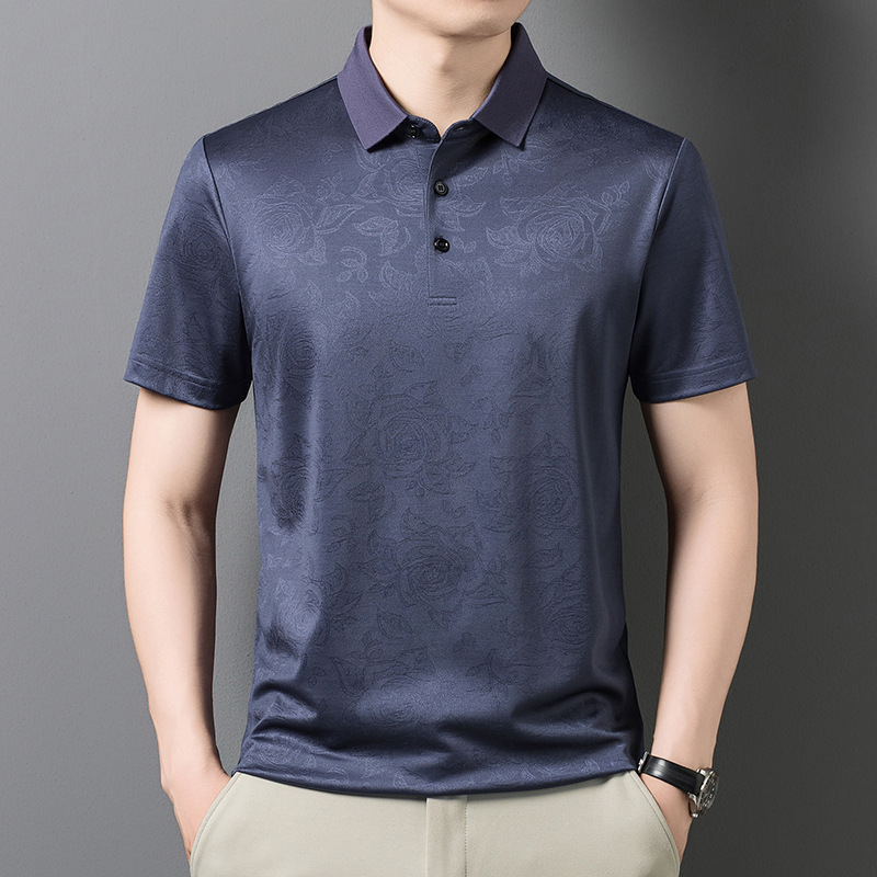 Áo polo nam tay ngắn lụa tơ tằm cao cấp cổ bẻ jacquard họa tiết nổi — Xanh lá cây 9607