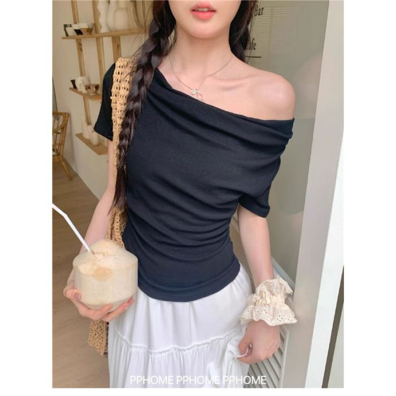 卸売 [7 色] 甘くてスパイシーなフレンチスタイルのワンショルダー T シャツ女性の夏のプリーツ痩身ショートトップ|undefined
