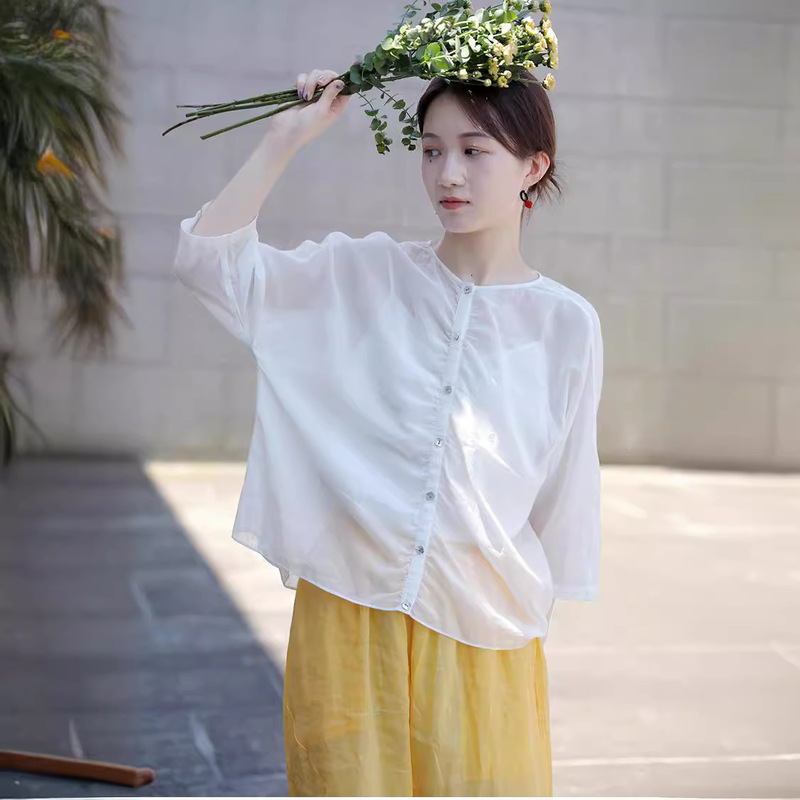 Summer Style Retro Ultra-Lightweight Clear Strong-Twist Cotton Gauze Dust White Round Neck Pleated Loose Small Shirt Shirt