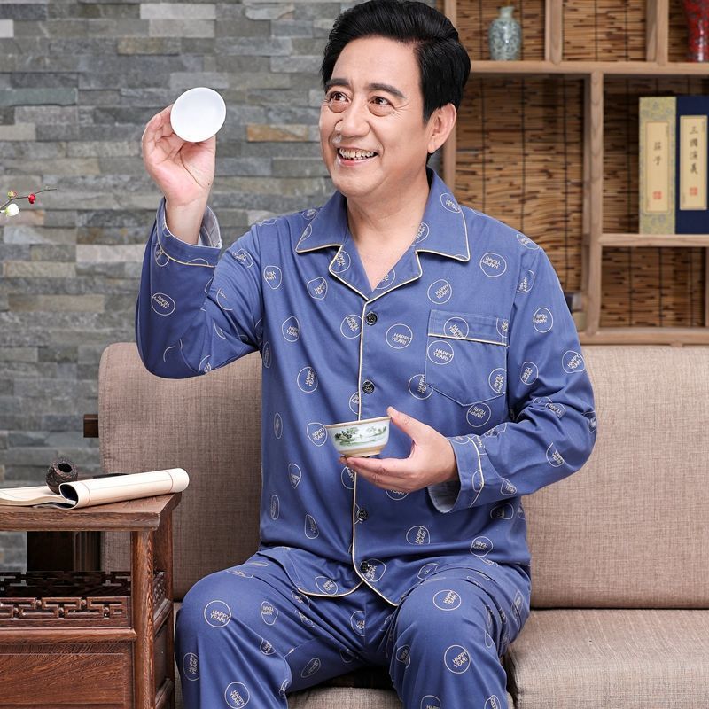 Pijamas de mediana edad y ancianos hombres 100% algodón primavera y otoño manga larga otoño e invierno más tamaño viejo papá traje de uso doméstico