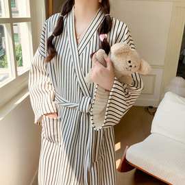 跨境专供女士睡衣秋冬季夹棉简约条纹加厚空气棉宽松家居服睡袍女