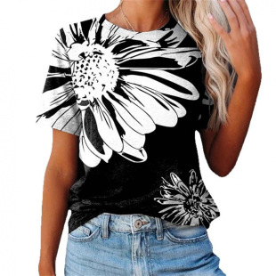 2023 Summer Amazon Cross-border Casual Pattern Flower 3 Digital Printing Short-sleeved Crewneck Women's Shirt