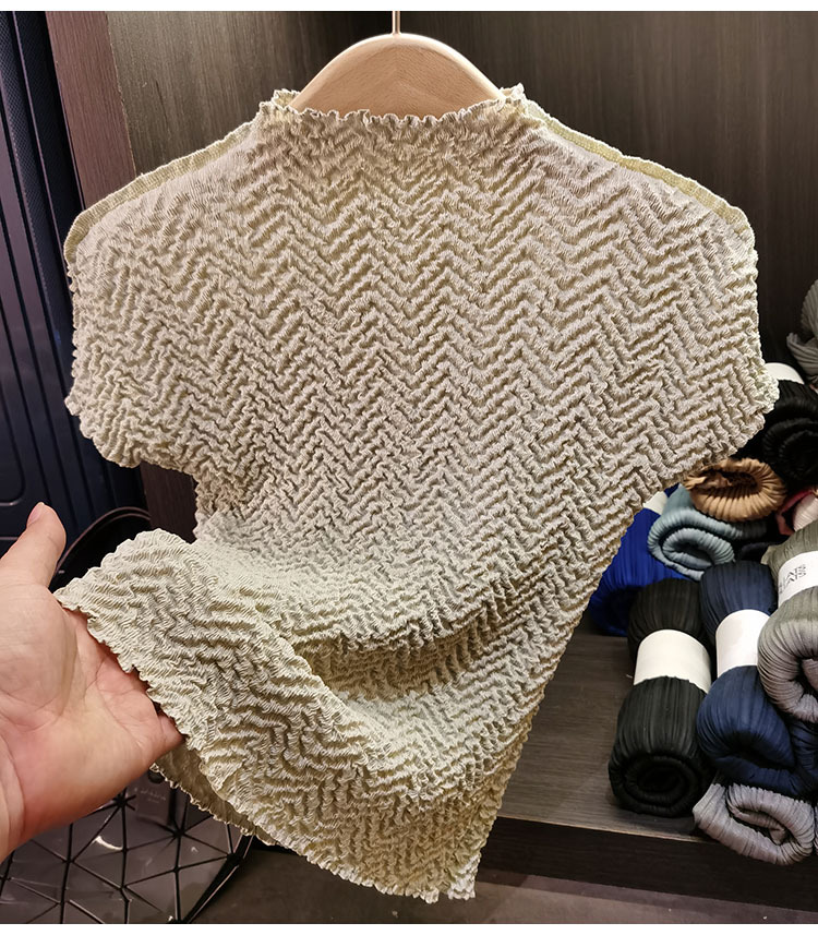 Áo thun nữ cổ tròn tay ngắn họa tiết dứa jacquard xếp ly mùa hè — Màu xanh lam nhạt, Màu xanh lục nhạt, Màu đen, Màu trắng be chi tiết 12