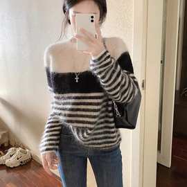 2025新款拼色条纹马海毛软糯毛衣女小个子百搭设计感温柔风针织衫