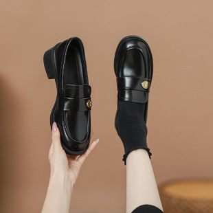 Metal British Style Leather Shoes Women's 2025 New Autumn and Winter Slip-on Thick Heeled Loafers Women's Shoes