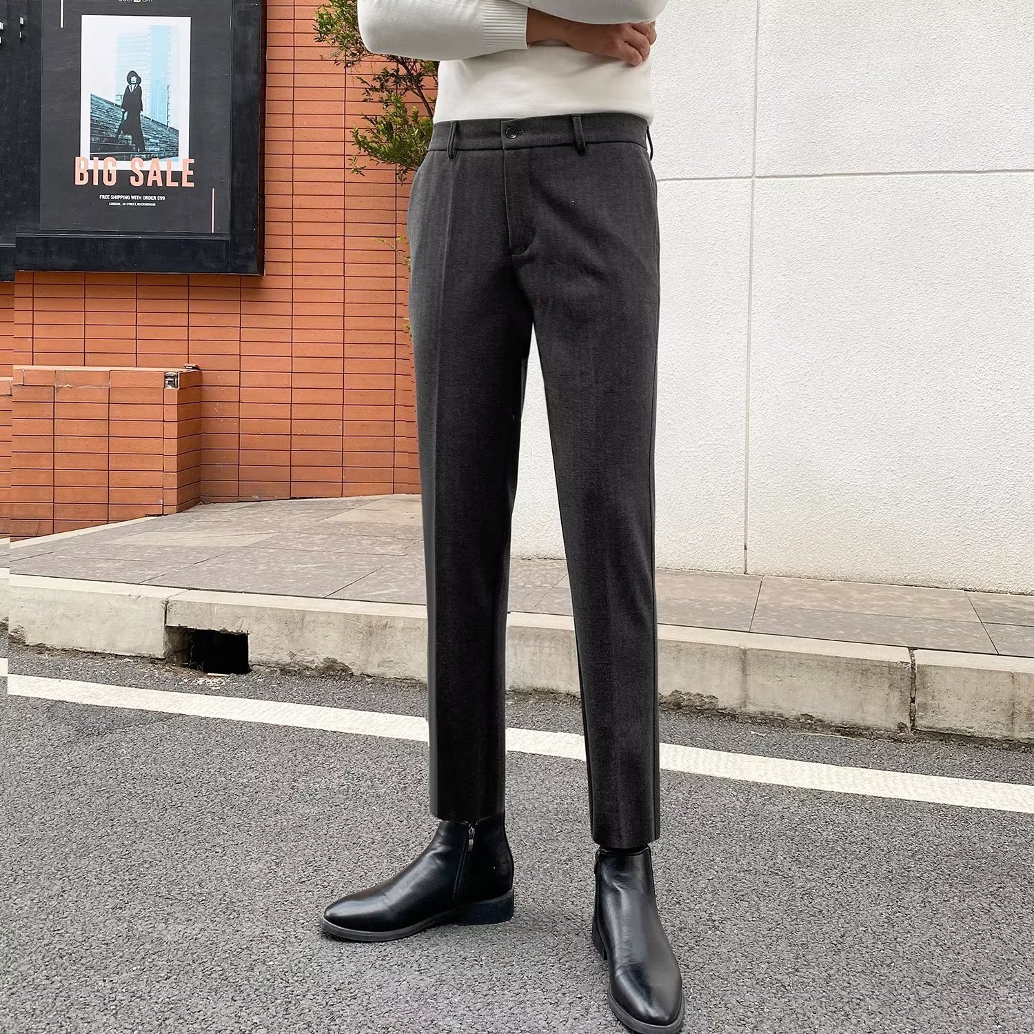 Pu Shuai Mei Británico grueso de la vendimia lana negro gris patrón espiga tela cruzada Tweed slim fit traje flaco los hombres Pantalones