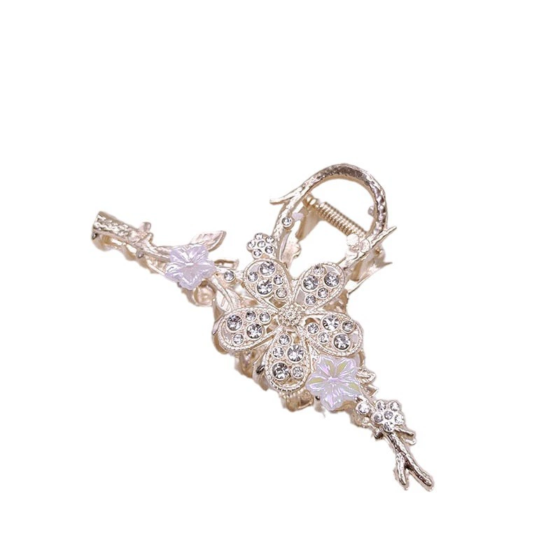 Зажим-домик для волос (краб) с золотистым и Rhinestones, акцент на ветке цветка