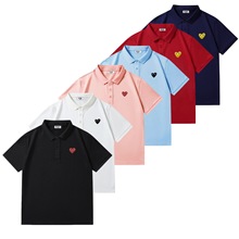 情侣款色桃心T恤装男女PI刺绣跨境心POLO衫短袖纯爱心潮牌AY大红