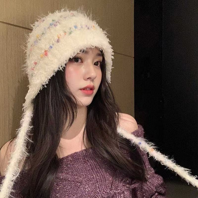 彩色豆豆毛绒帽子女秋冬保暖护耳毛线帽显脸小百搭系带针织包头帽|undefined