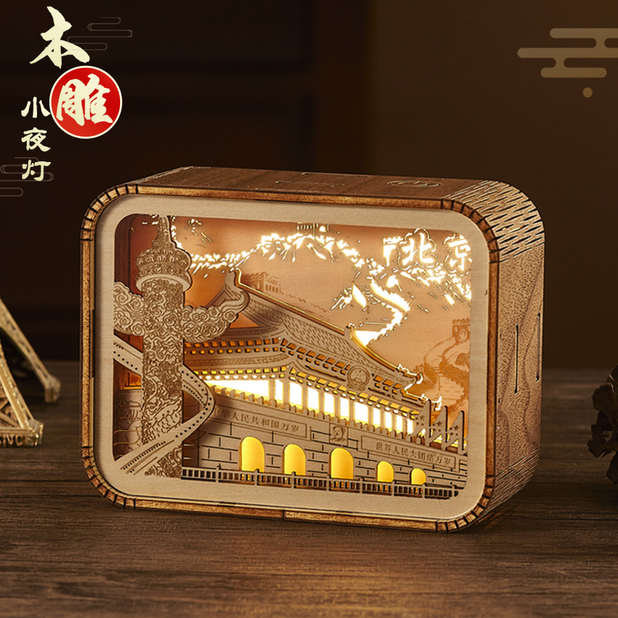 文化创意led礼品木雕3d小夜灯床头书桌摆件台灯光影纸雕可调光