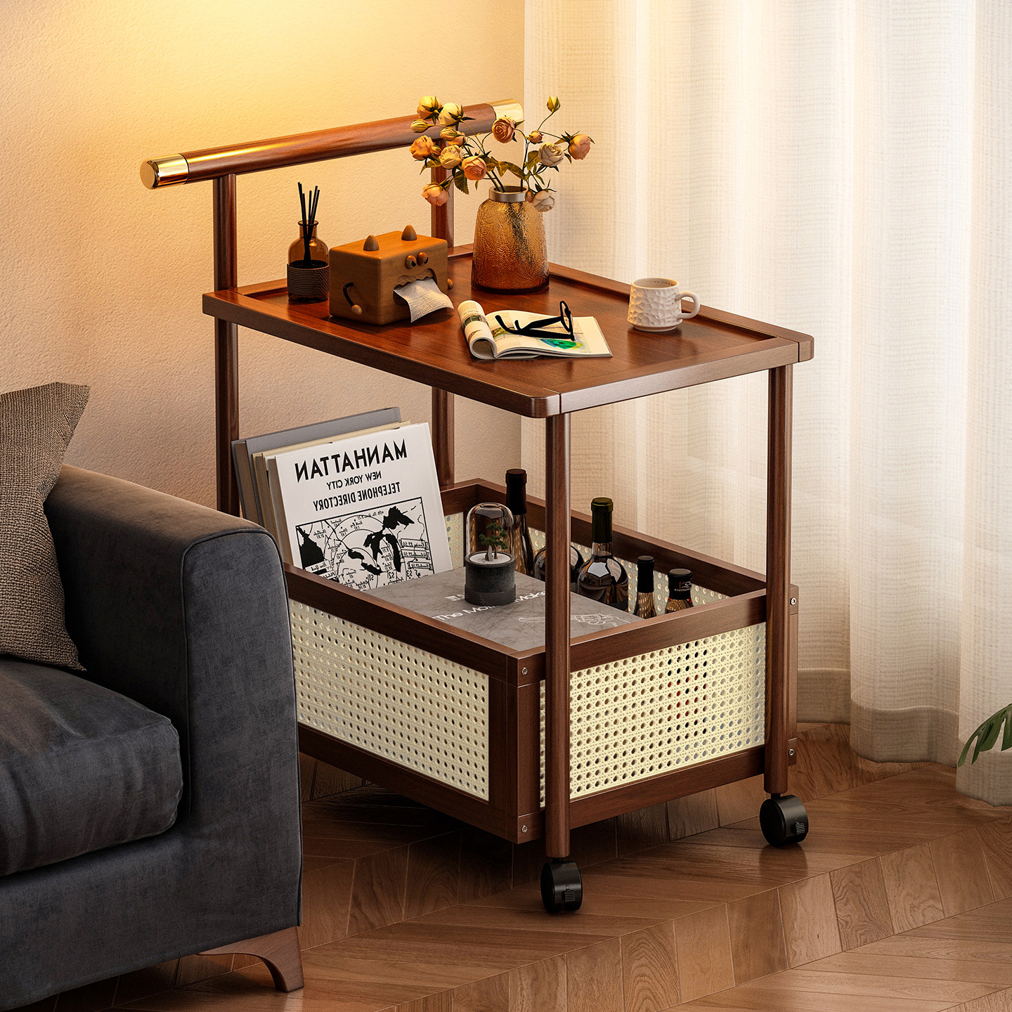 Sofá retrógrado pequeño carro móvil lado de varios salón mesa de té casero armario lateral dormitorio cabecera tela de caña estante de almacenamiento