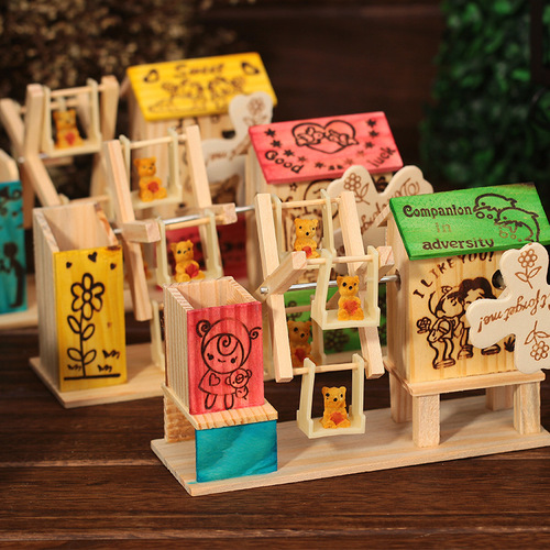 Colorful windmill music box pen holder pastoral scenery rotating windmill gift travel wooden ornaments student pen holder