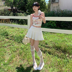 【ジンイン】レトロレースプリーツスカート2色、ハイウエストショートスカート、バレエ風Aラインスカート、甘辛スタイル