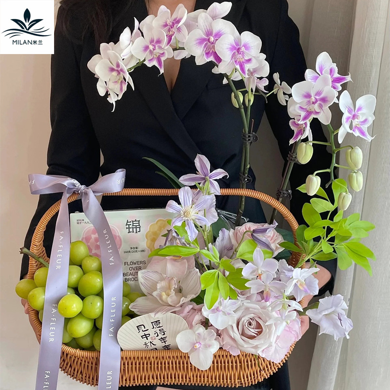 Cestas de flores de mano de caña, cestas de flores, cestas de frutas, pasteles de luna, cestas de flores tejidas a mano, cestas de huevos de luna