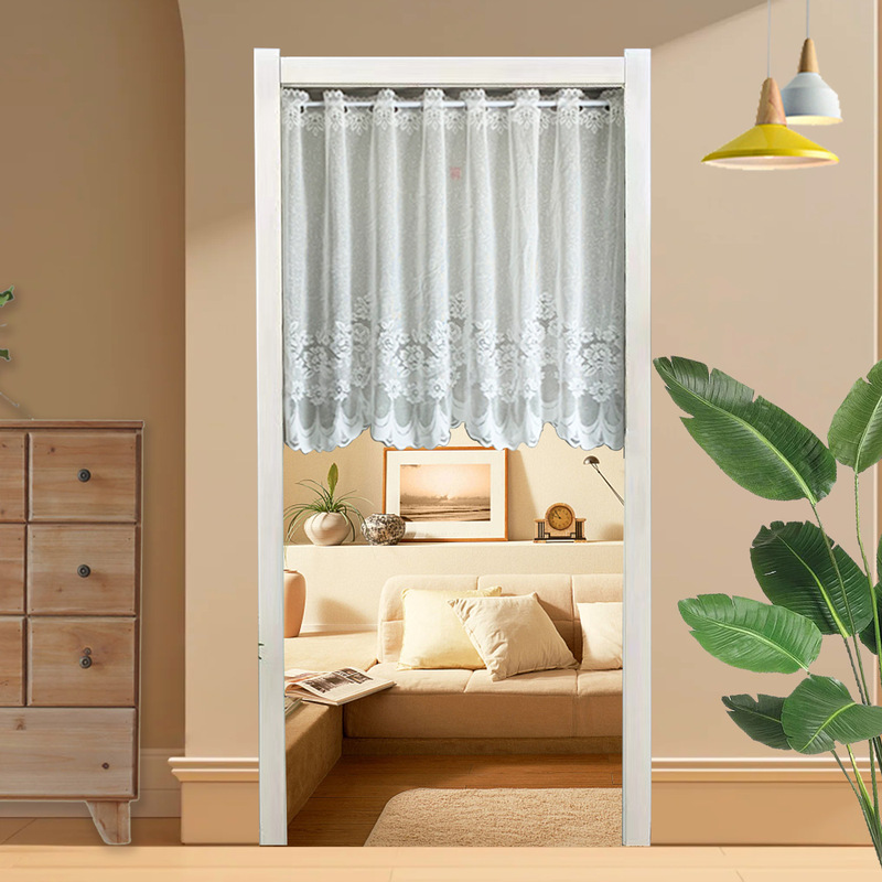 Short Door Curtain Partition Curtain Bedroom Lace Gauze Curtain Punch-Free Telescopic Rod Home Kitchen Bathroom Half Short Curtain