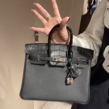 新款头层牛皮铂金包鳄鱼纹拼接荔枝纹真皮手提包女单肩斜挎通勤包