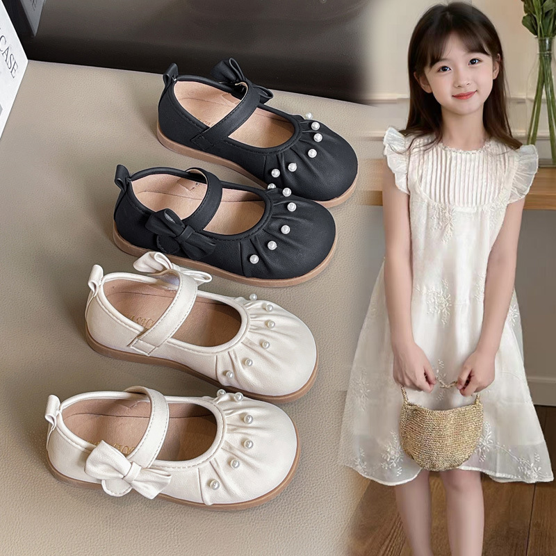 Zapatos de cuero para niñas 2025 nuevo estilo primavera y otoño estilo extranjero para niñas arco con suela suave zapatos de princesa zapatos de perla de moda para niños