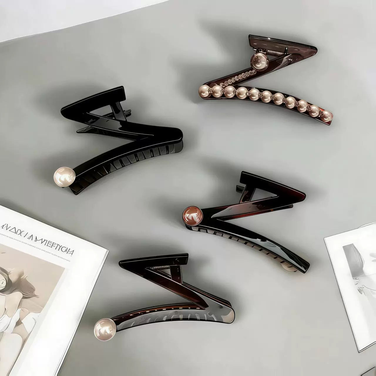 十一公分亚克力轻奢设计感Z字型珍珠大抓夹后脑勺盘发复古鲨鱼夹