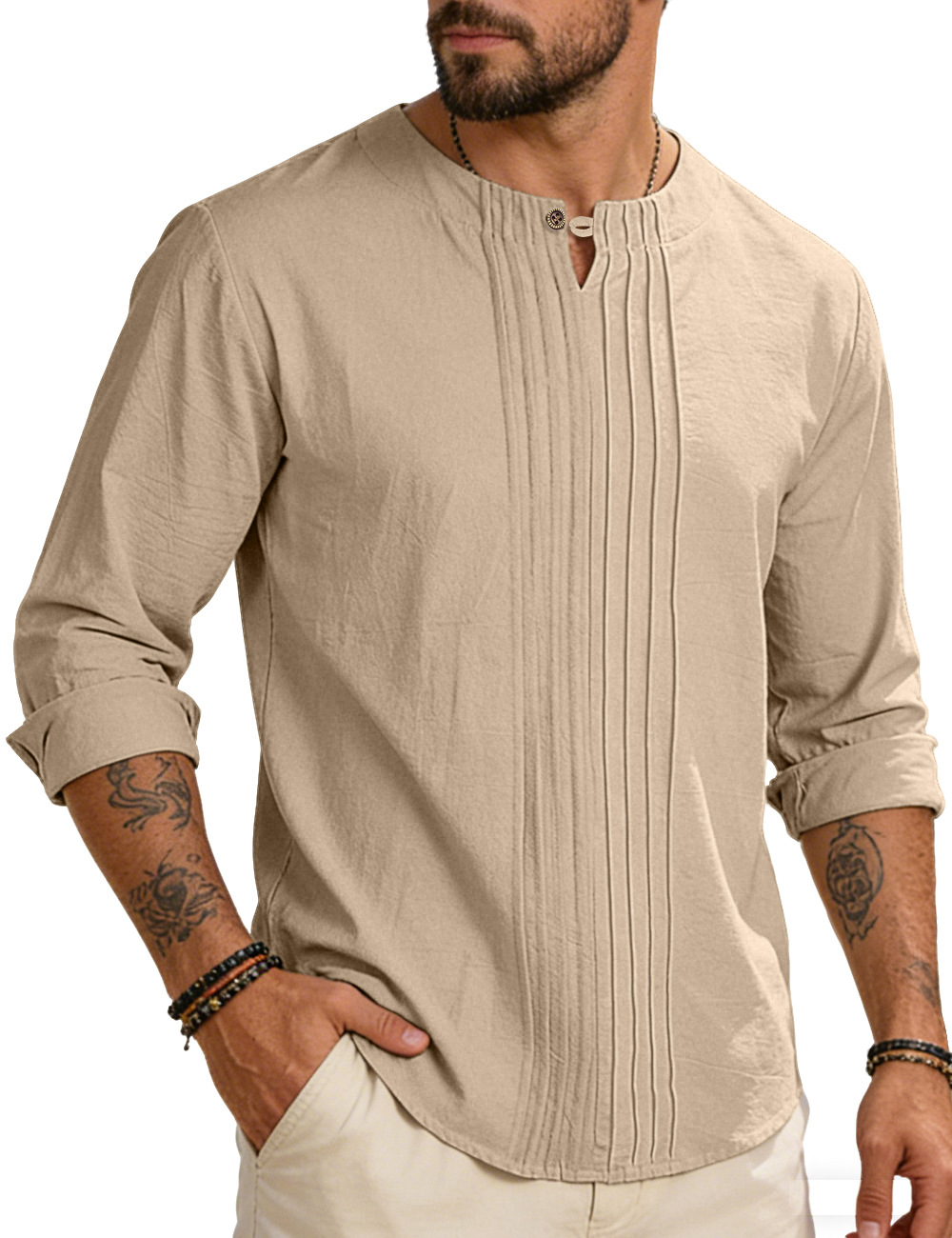 Estación independiente transfronteriza europea y americana spot cuello redondo manga larga hombre primavera otoño y verano blusa de algodón y lino suelta camisa de abrigo