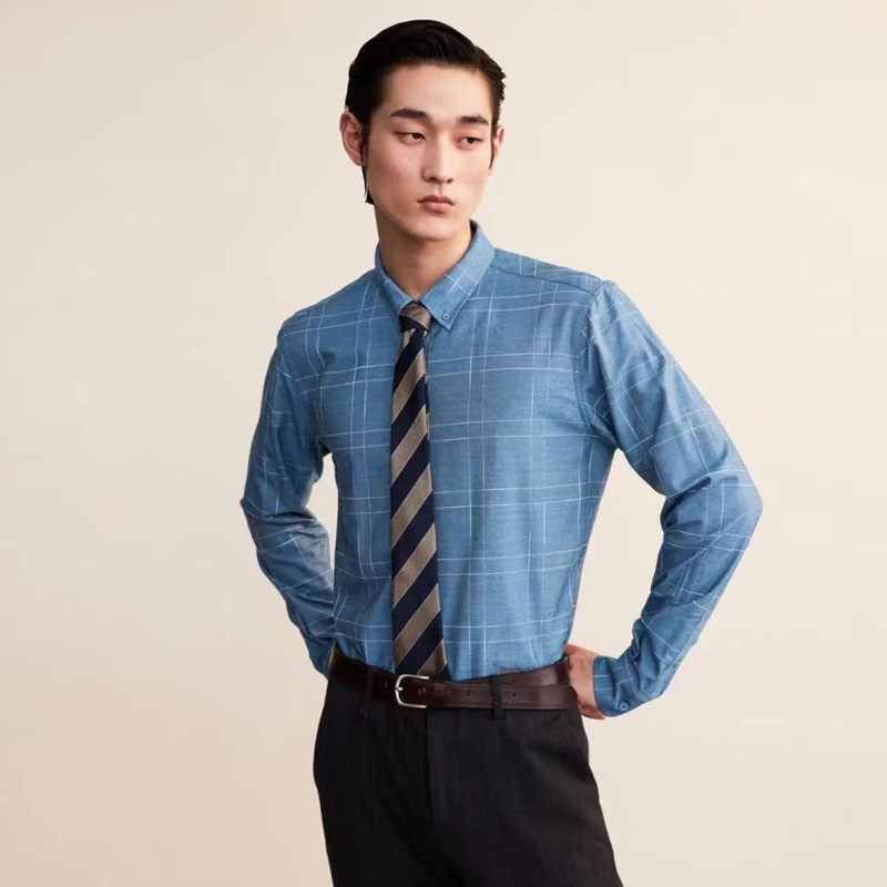 Brand cut label men's long-sleeved casual shirt autumn single line Plaid light brushed warm shirt men