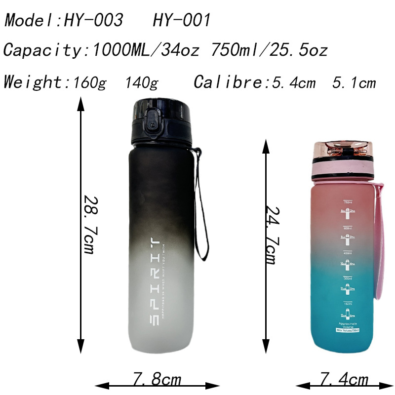 Gran capacidad transfronteriza esmerilado taza de agua de plástico de color gradiente de alto valor de color hervidor de agua deportiva al aire libre botella de agua taza de bebida directa